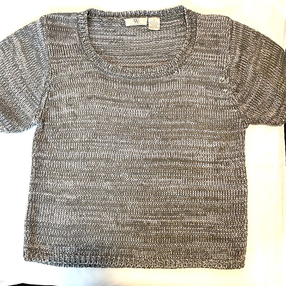 Metallic Silver Shimmer Open Knit Body Crop Short Sleeve Sweater Large - Picture 4 of 10